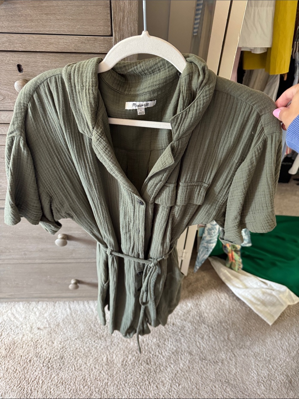 Madewell Olive Green Gauze Romper with Tie Waist